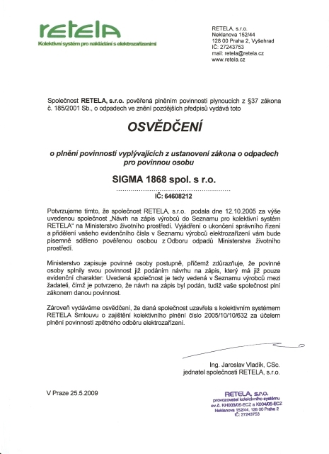 Osvědčení RETELA
